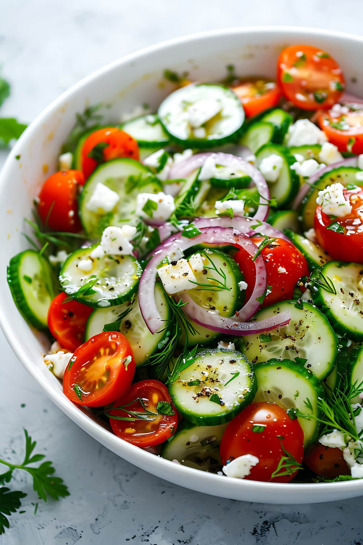 Sliced cucumbers, halved cherry tomatoes, thinly sliced red onion, feta cheese, chopped dill, and parsley in a white bowl.