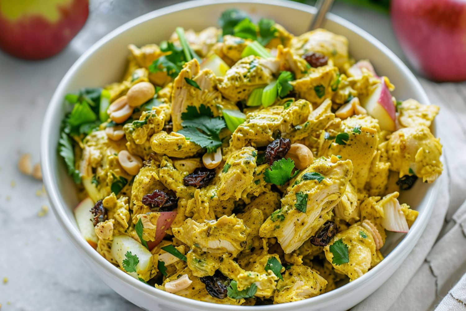 Chicken curry salad with curry spices, sweet raisins and apples, crunchy cashews, and fresh cilantro served in a white bowl.