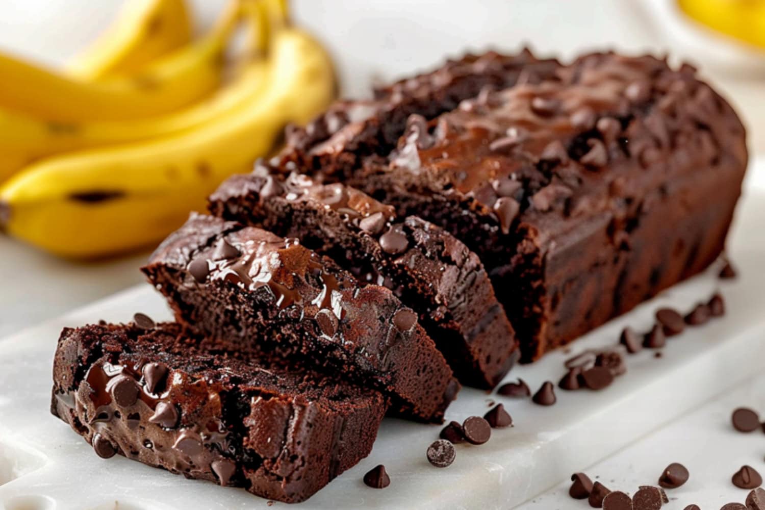 Chocolate banana loaf bread on a cutting board with fresh bananas on the side.