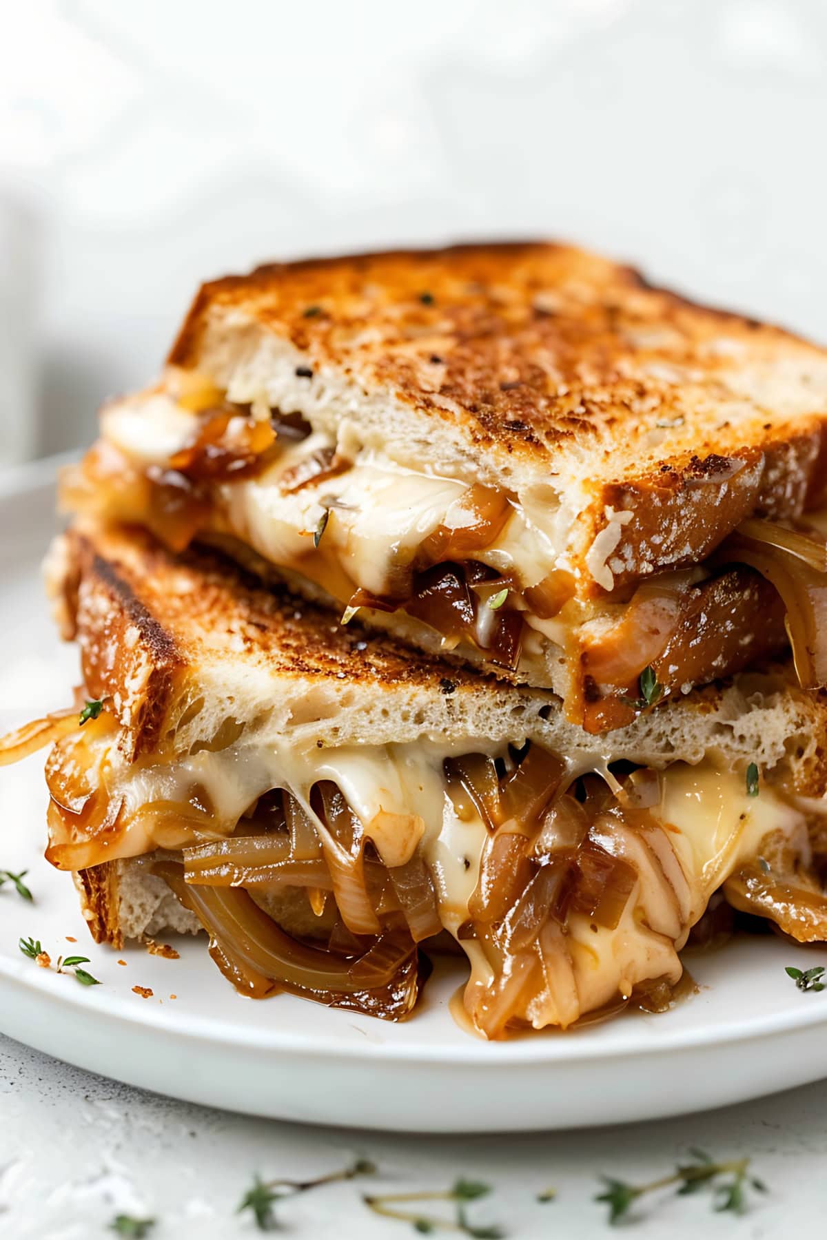 Sliced French Onion Grilled Cheese Sandwich overflowing with cheese and caramelized on a white plate