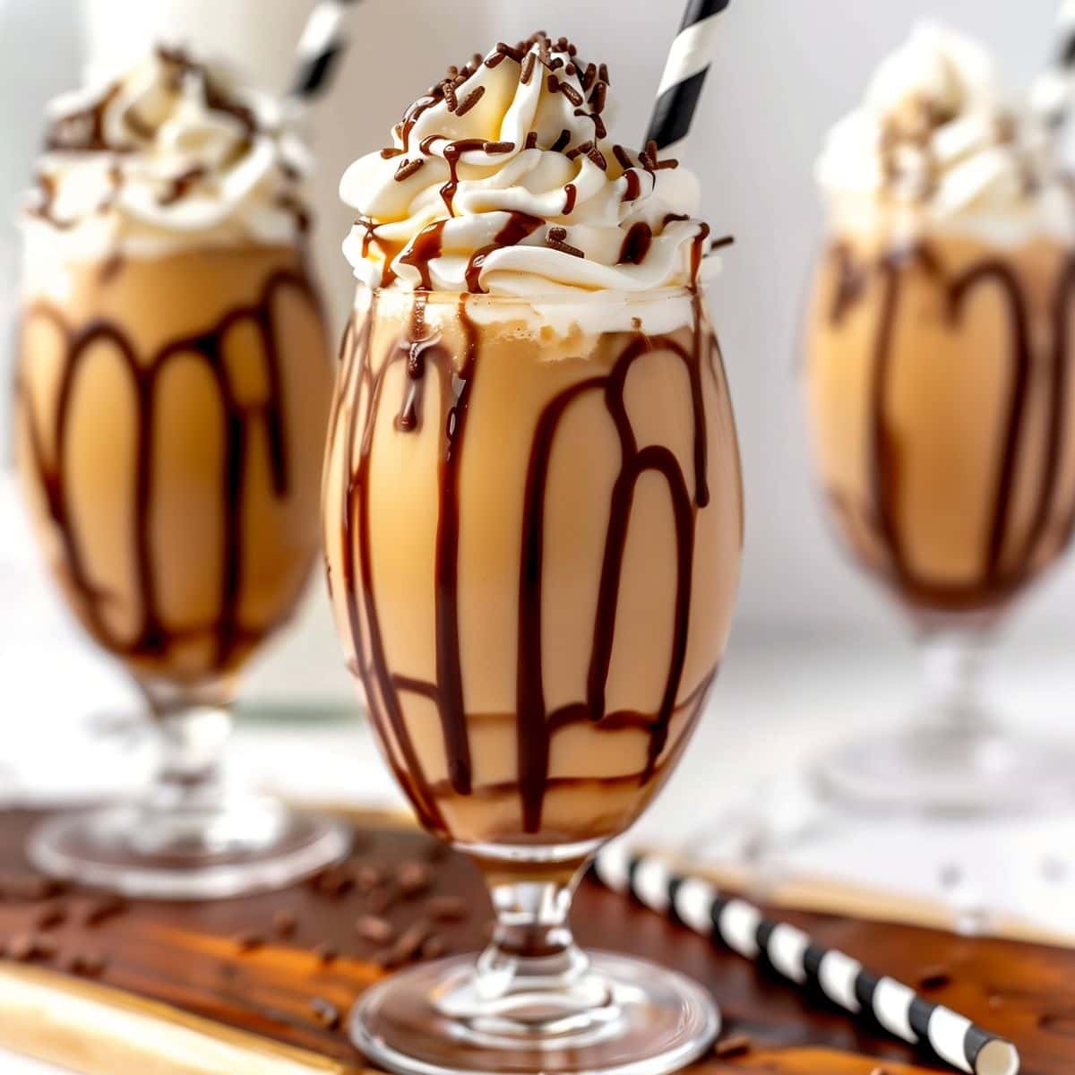 Three Frozen Mudslides in Tall Glasses with Whipped Cream, Chocolate Sprinkles, and Chocolate Drizzle