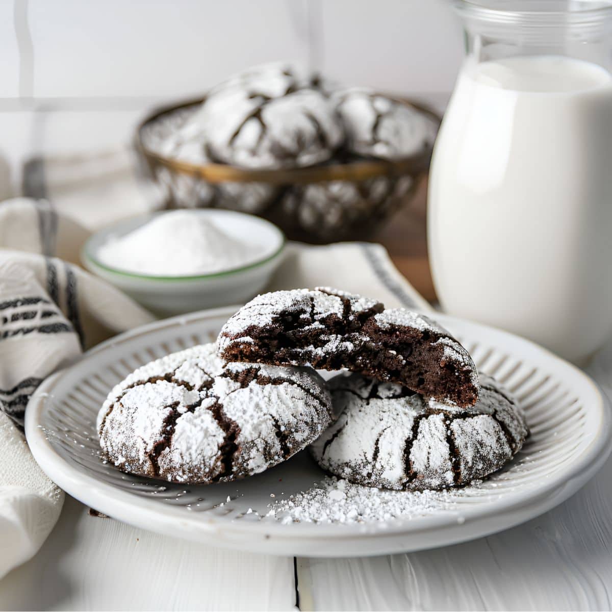 Three Fudge Crinkle Cookies on a Plate, One with a Bite Out with A Glass of Milk, a Bowl of Powdered Sugar, and a Basket of Fudge Crinkle Cookies in the Background