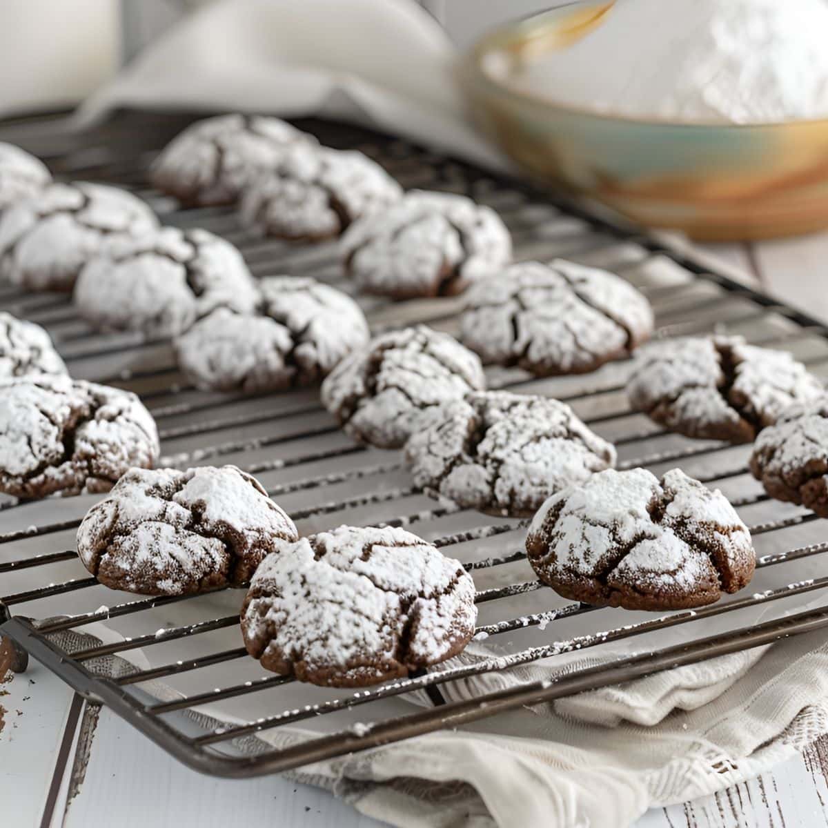 Fudge Crinkle Cookies Cooling on a Wire Rack with a Bowl of Powdered Sugar in the Background