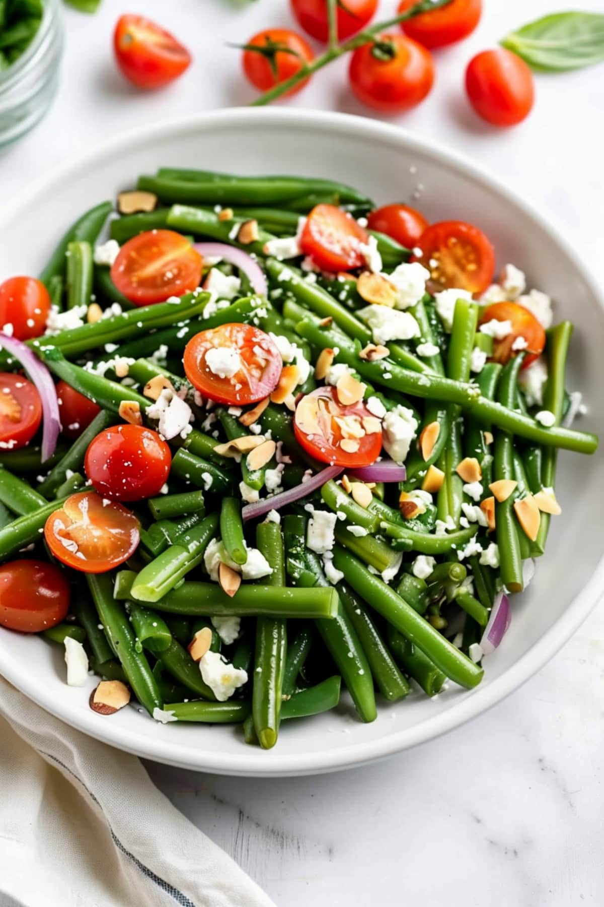 Crunchy green bean salad, topped with toasted almonds and crumbled feta.