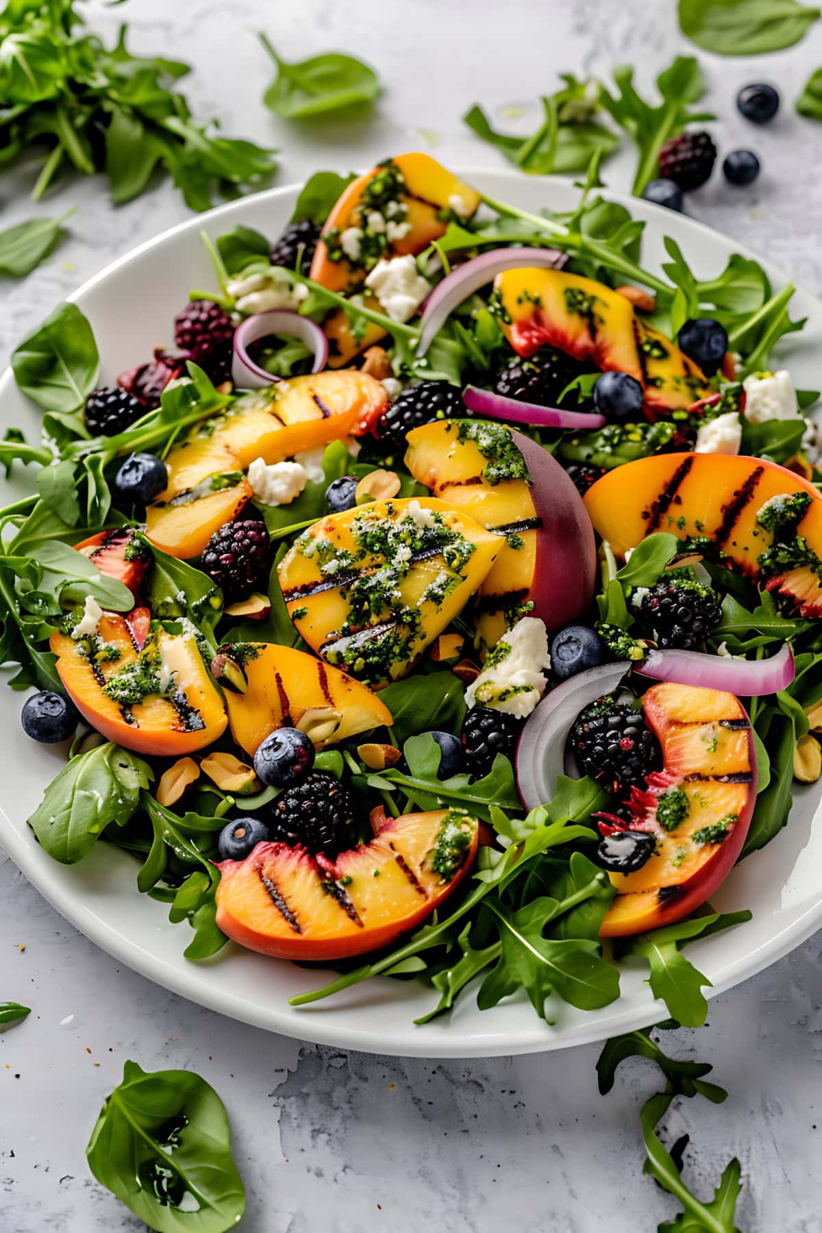 Salad with grilled peaches, arugula, goat cheese and berries served in a large platter.