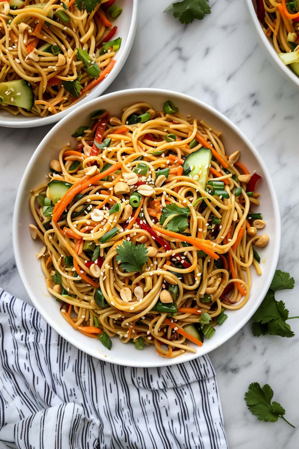 Vibrant Asian Noodle Salad with carrots, peanuts, sesame seeds, cucumbers andbell peppers.
