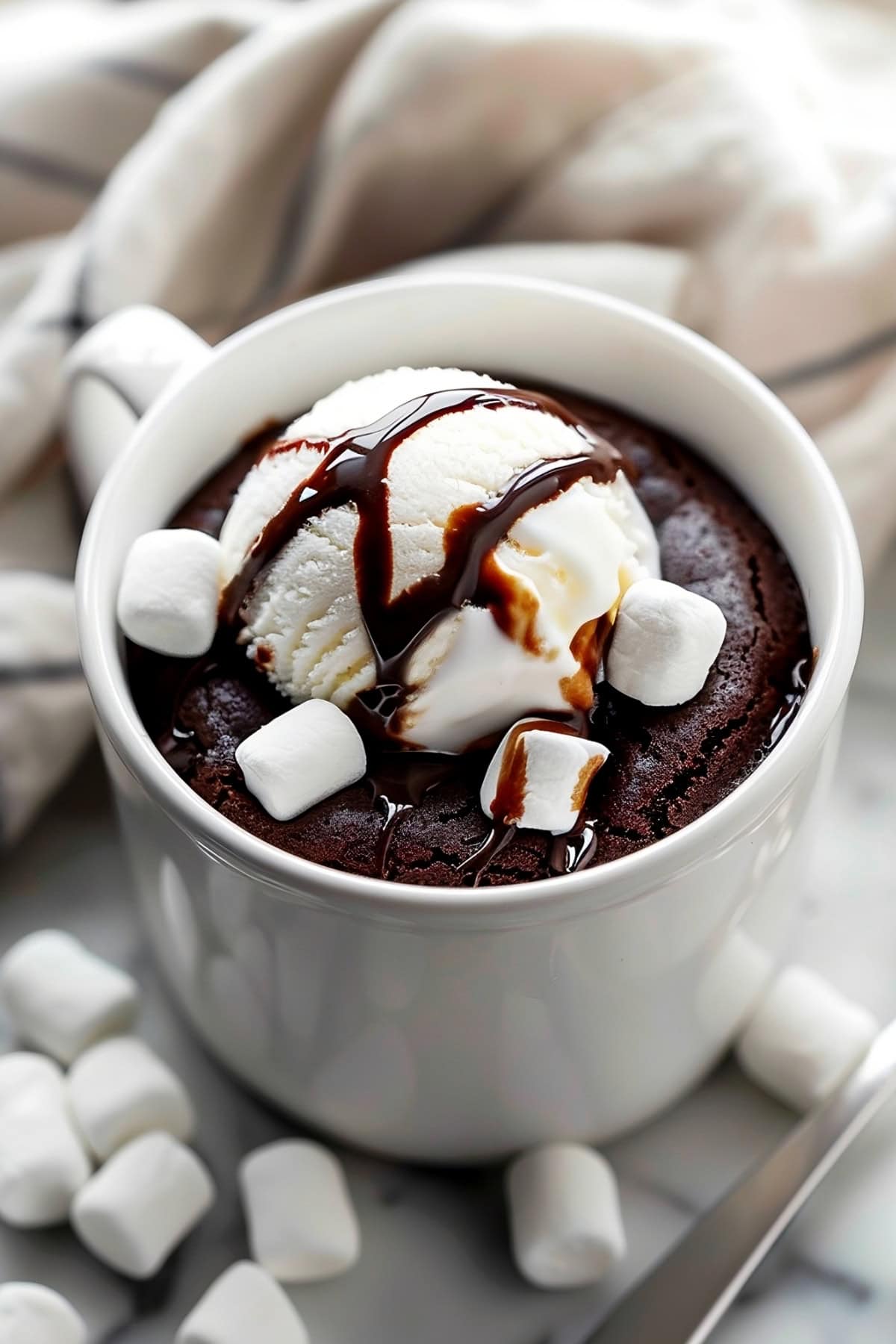 Gooey hot chocolate mug cake, topped with mini marshmallows, ice cream and a drizzle of chocolate syrup.