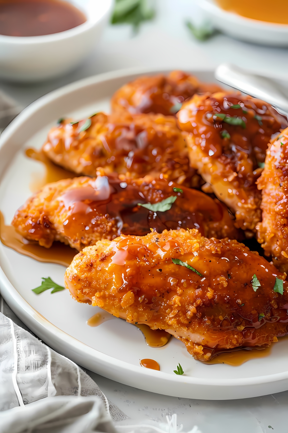 Bunch of hot honey chicken in a white plate.