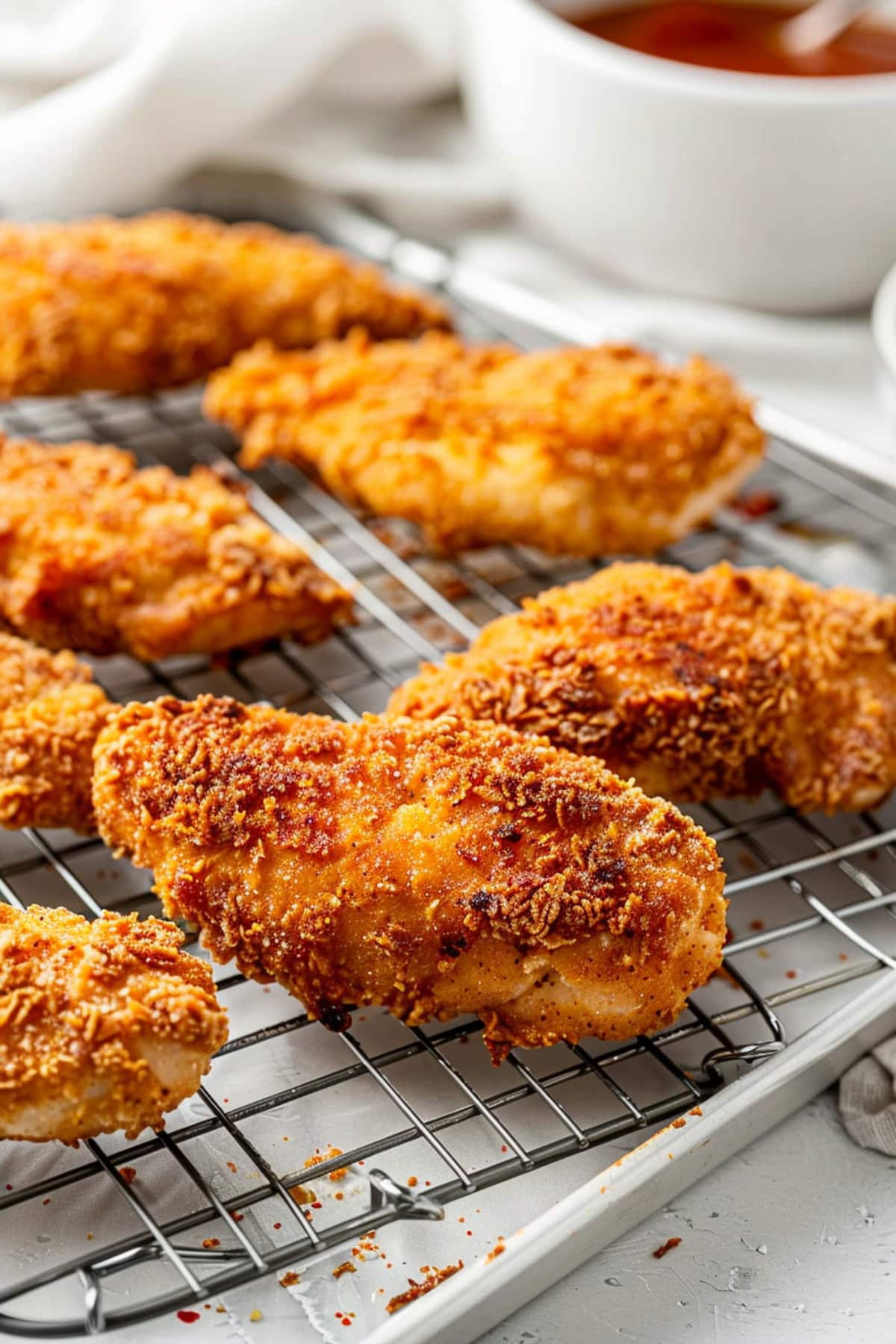 Hot honey chicken in a cooling rack.