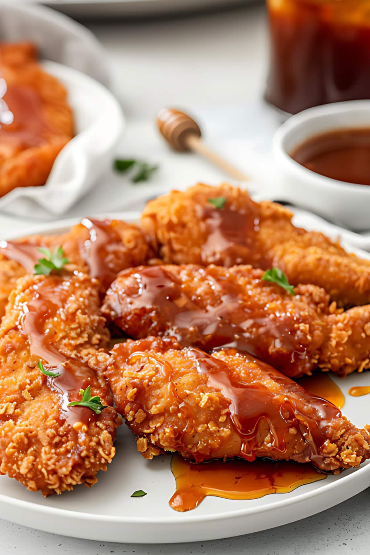 Bunch of baked breaded chicken drizzled with honey dressing. 