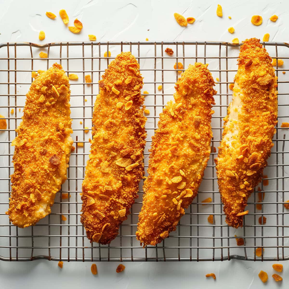 Breaded chicken breast cutlets in a cooling rack.