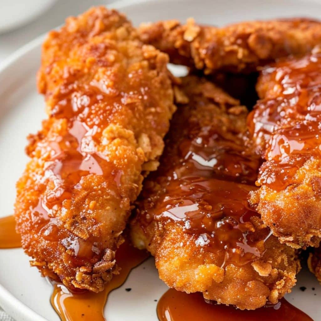 Breaded chicken cutlets with drizzle of hot honey sauce served on a white plate.