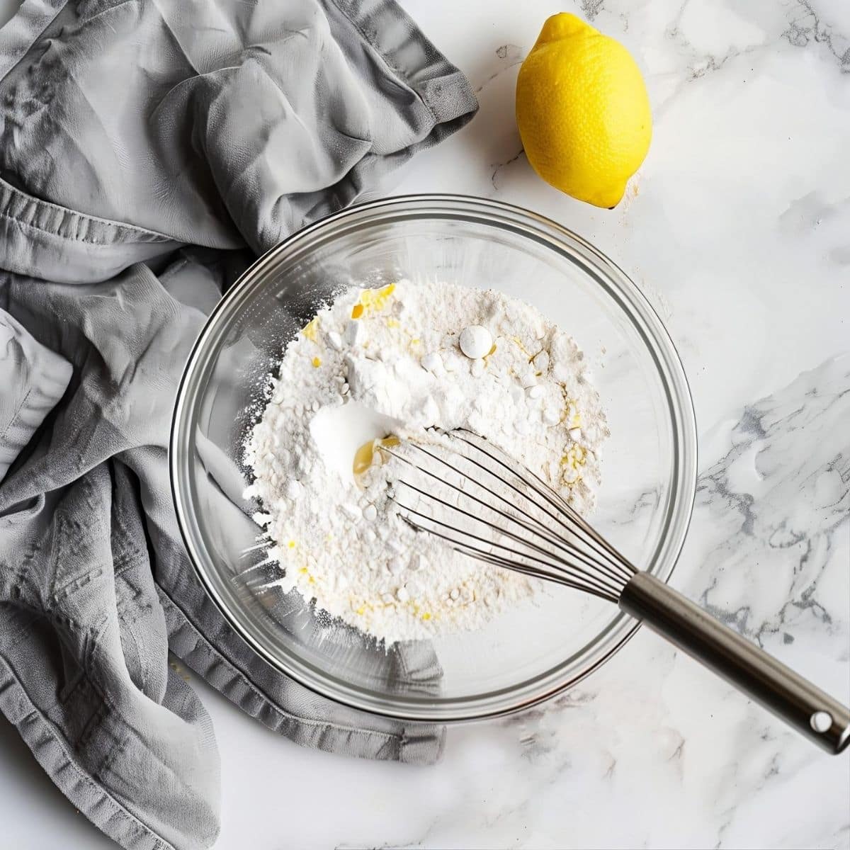 Top View of IHOP Pancake Recipe Dry Mix in a Glass Bowl with a Whisk and a Lemon