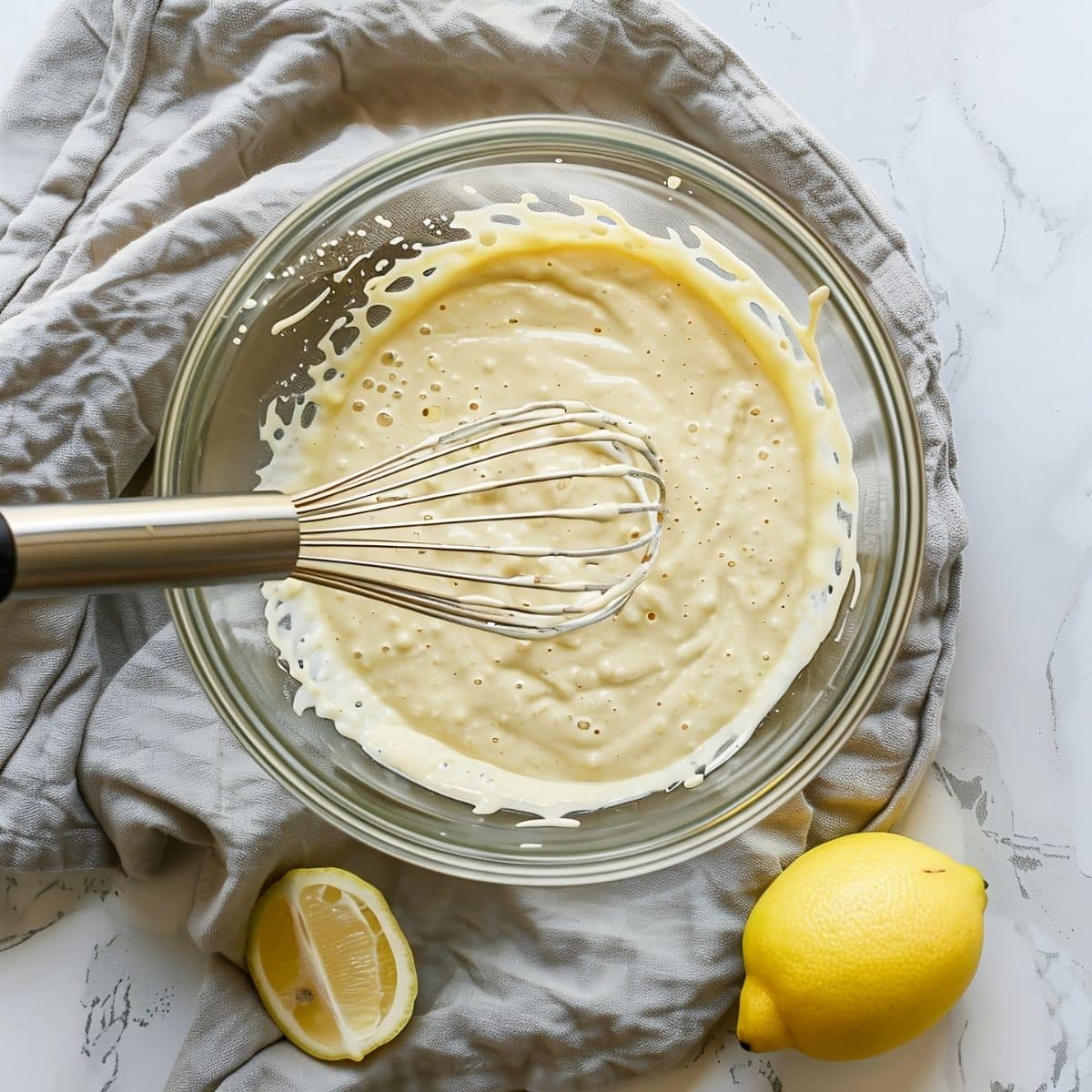 Top View of IHOP Pancake Recipe Wet Batter in a Glass Bowl with a Whisk and Lemons to the Side