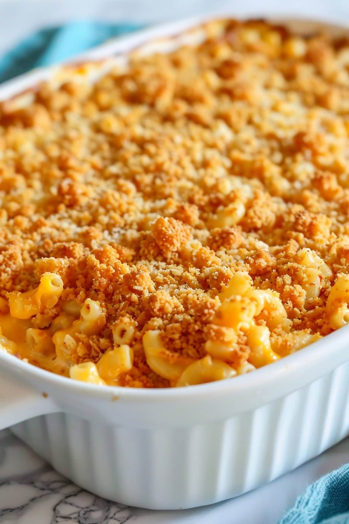 Super Close Up of Ritz Cracker Topping of Original Kraft Mac and Cheese in a Casserole Dish