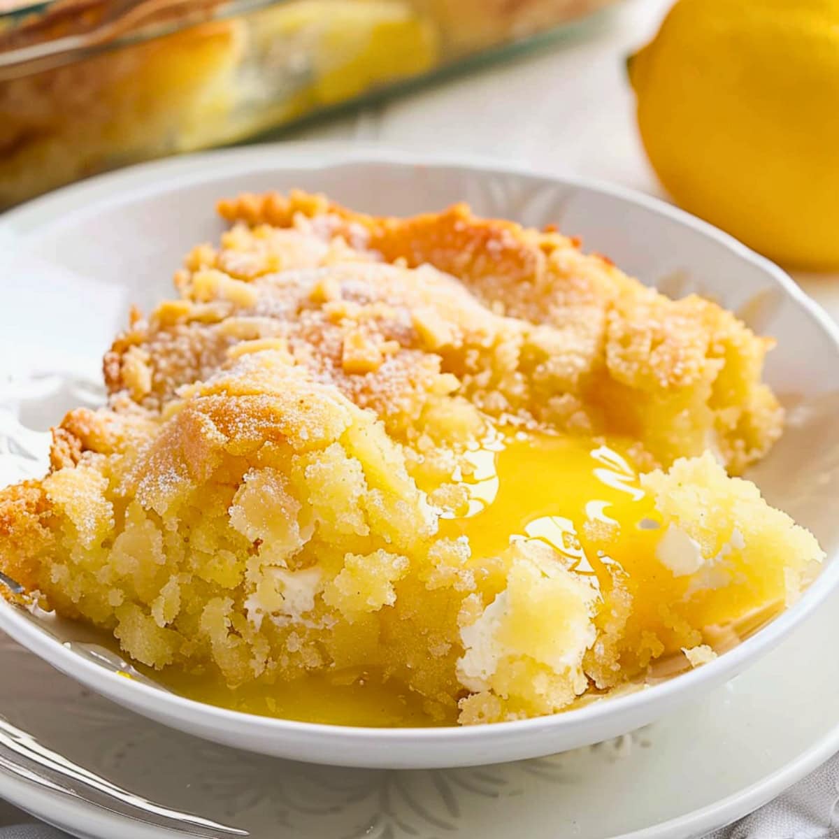 Serving of lemon cream cheese dump cake in a white plate.