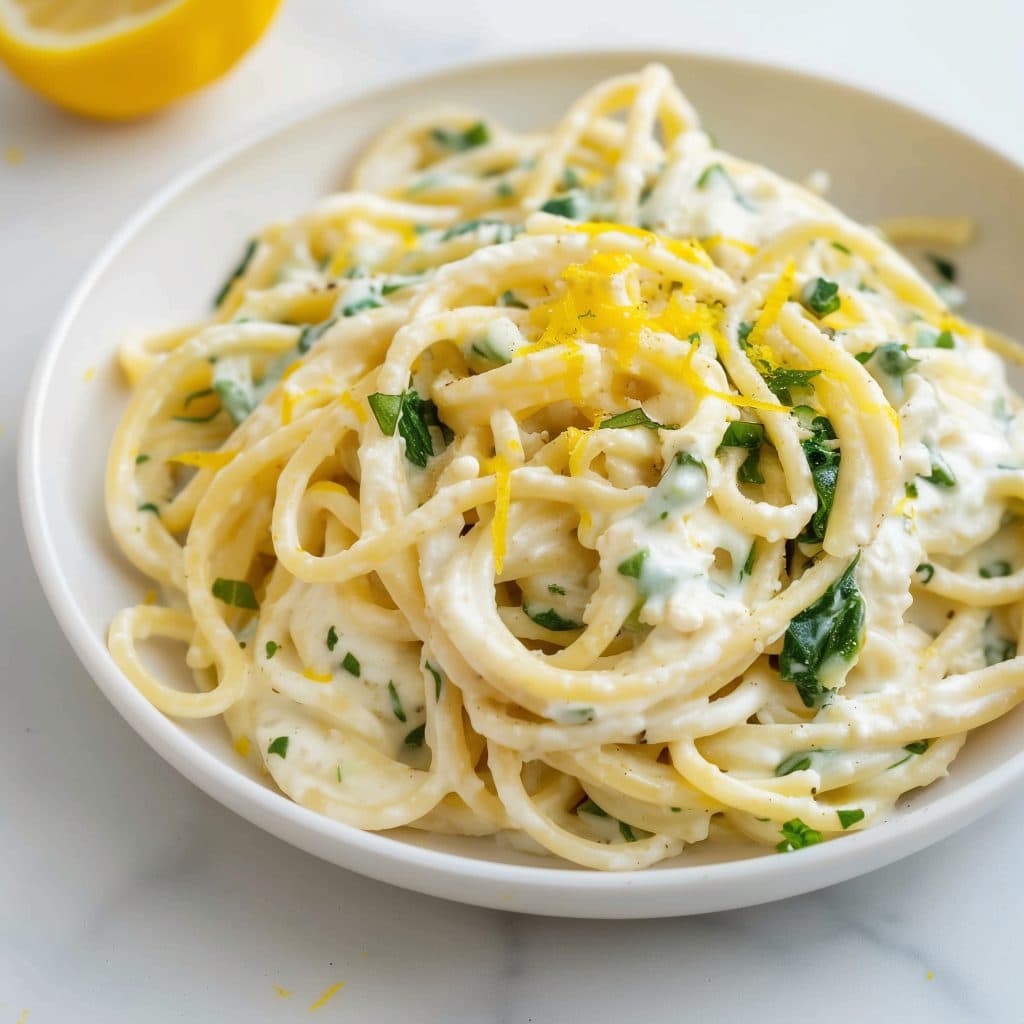 Classic lemon ricotta pasta, garnished with grated parmesan and lemon zest.