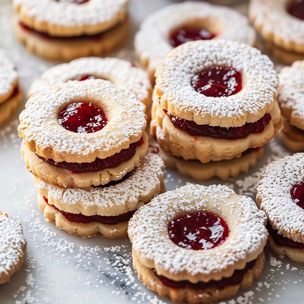 Close Up of Linzer Cookies with Raspberry Jam, Dusted with Powdered Sugar