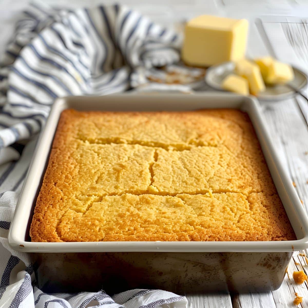 Marie Callender's Cornbread in a Pan with Butter on a Plate in the Background