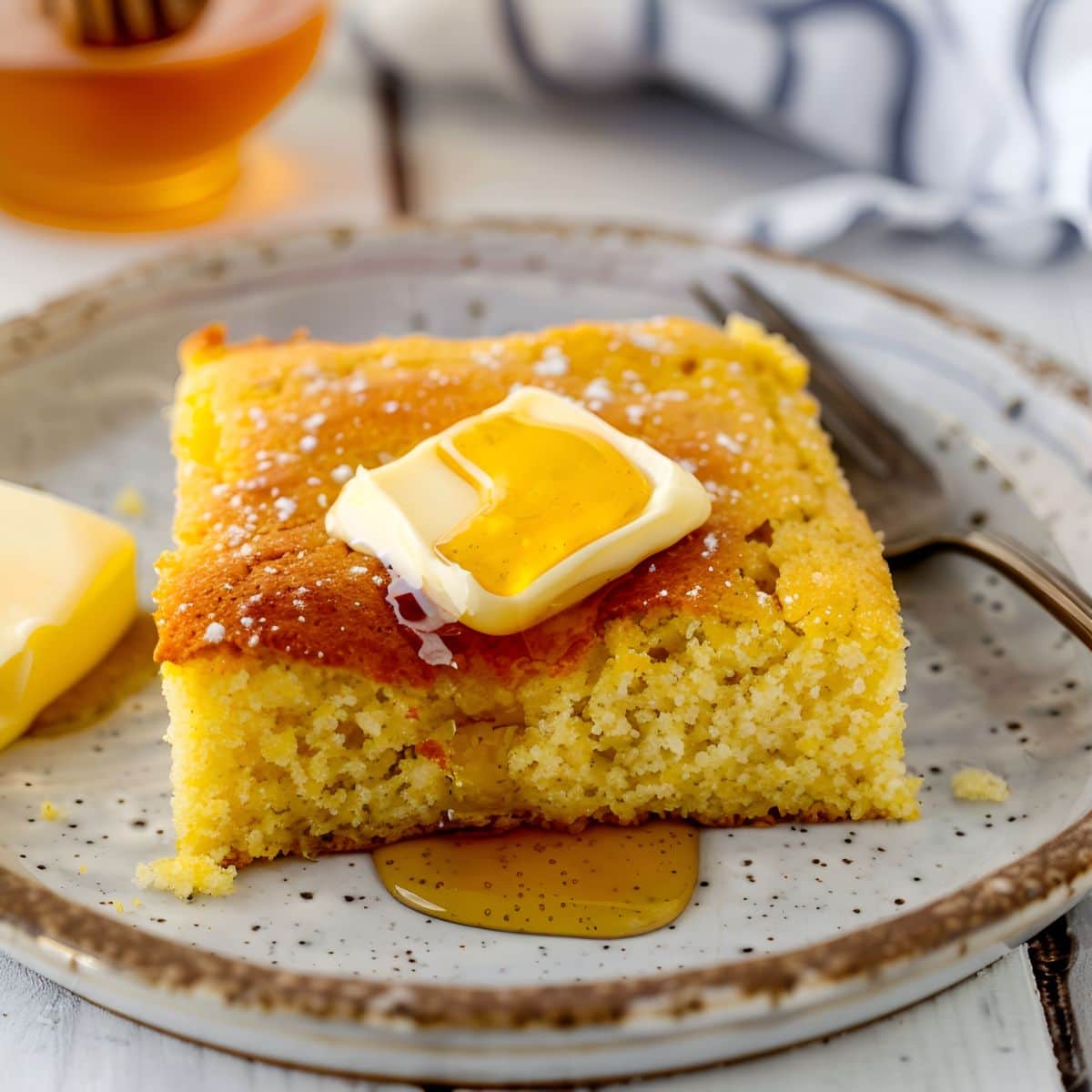 Marie Callender's Cornbread Slice on a Plate with Butter and Honey