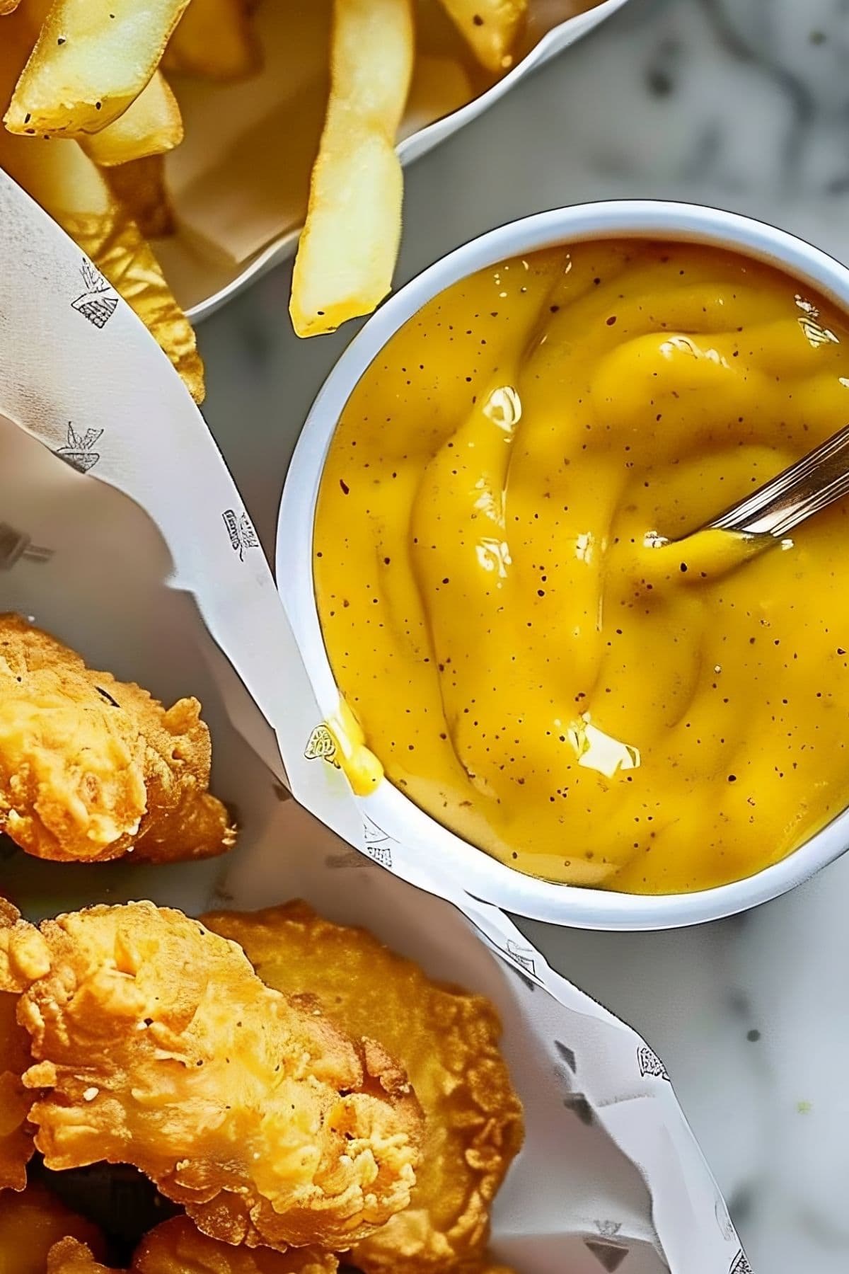 Close Top View of McDonald's Hot Mustard Sauce in a White Ramekin Next to Baskets of Fried Chicken Tenders and French Fries