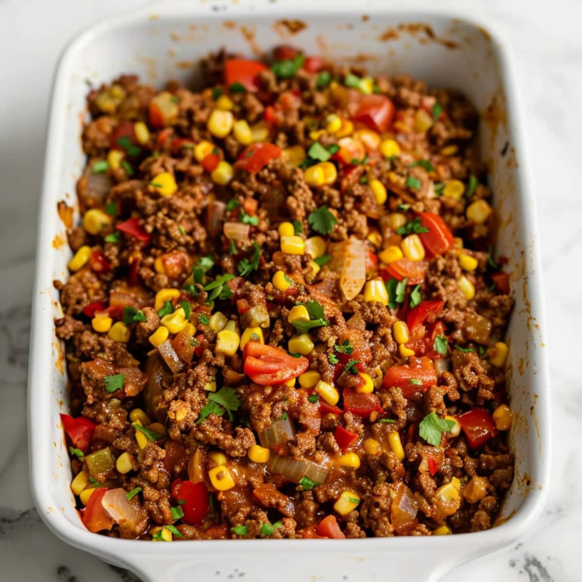 Ground beef sauted with red belle pepper, diced tomatoes, corn, diced green chiles, on a 9x13 white baking dish sitting on a white marble table.