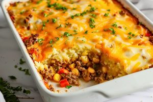 Slice missing Mexican cornbread casserole in a baking dish.