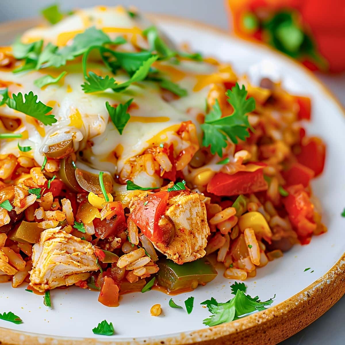 Close Up of Mexican Chicken and Rice on a Plate with Melted Cheese and Cilantro