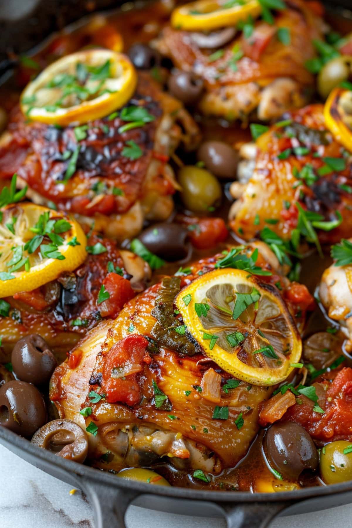 Moroccan chicken in tomato sauce with slice lemons and olives cooked in a cast iron skillet.