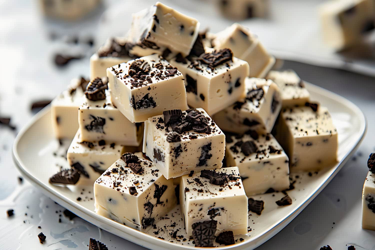 Bunch of square slices of Oreo fudge served on a white plate.