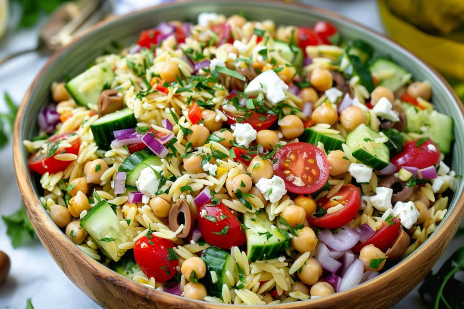 Wooden bowl with orzo pasta made with mix of diced English cucumber, halved cherry tomatoes, drained and rinsed chickpeas, finely chopped red onion, crumbled feta cheese, chopped fresh basil, chopped fresh parsley.