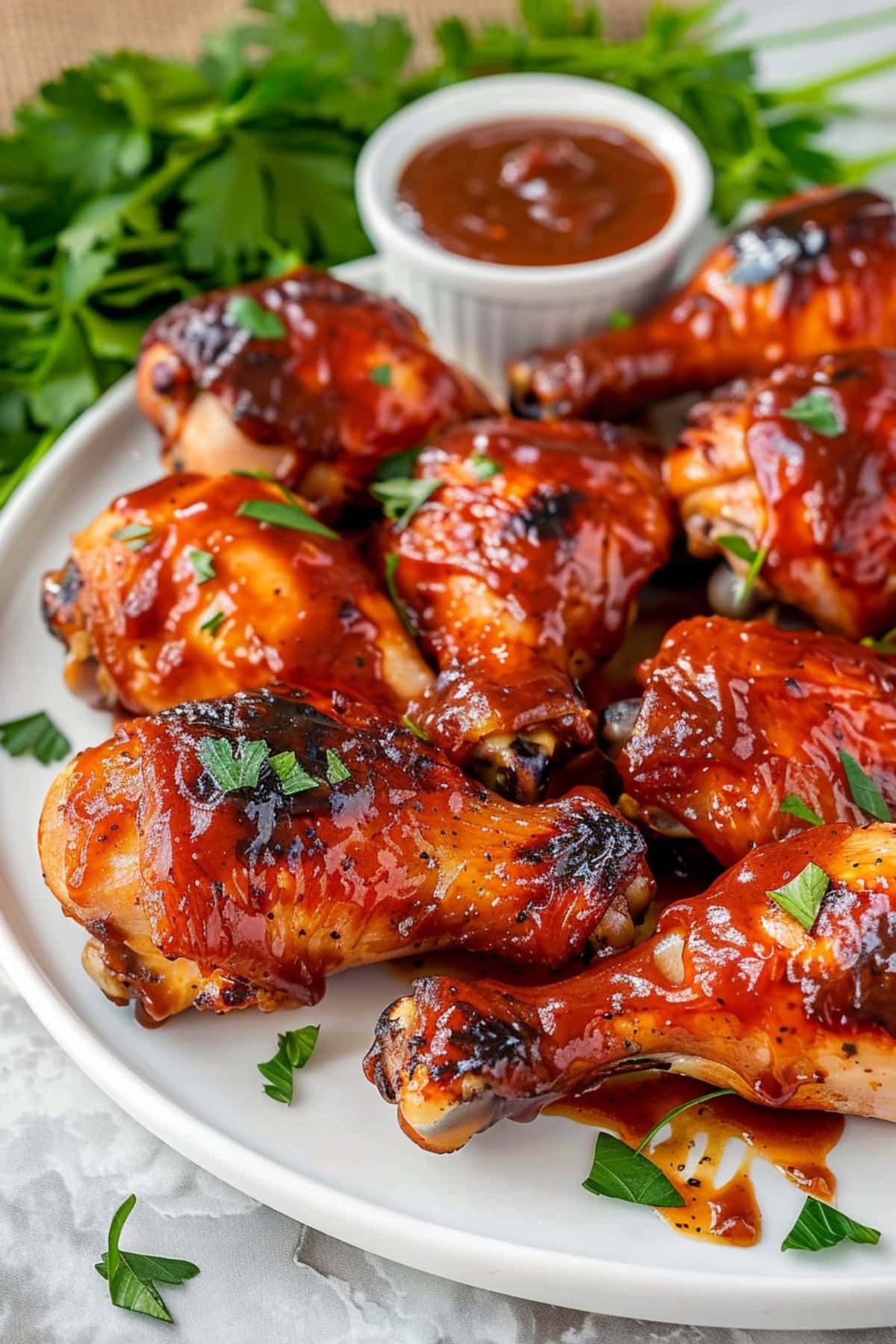 Bbq drumsticks on a plate with dipping sauce on the side.