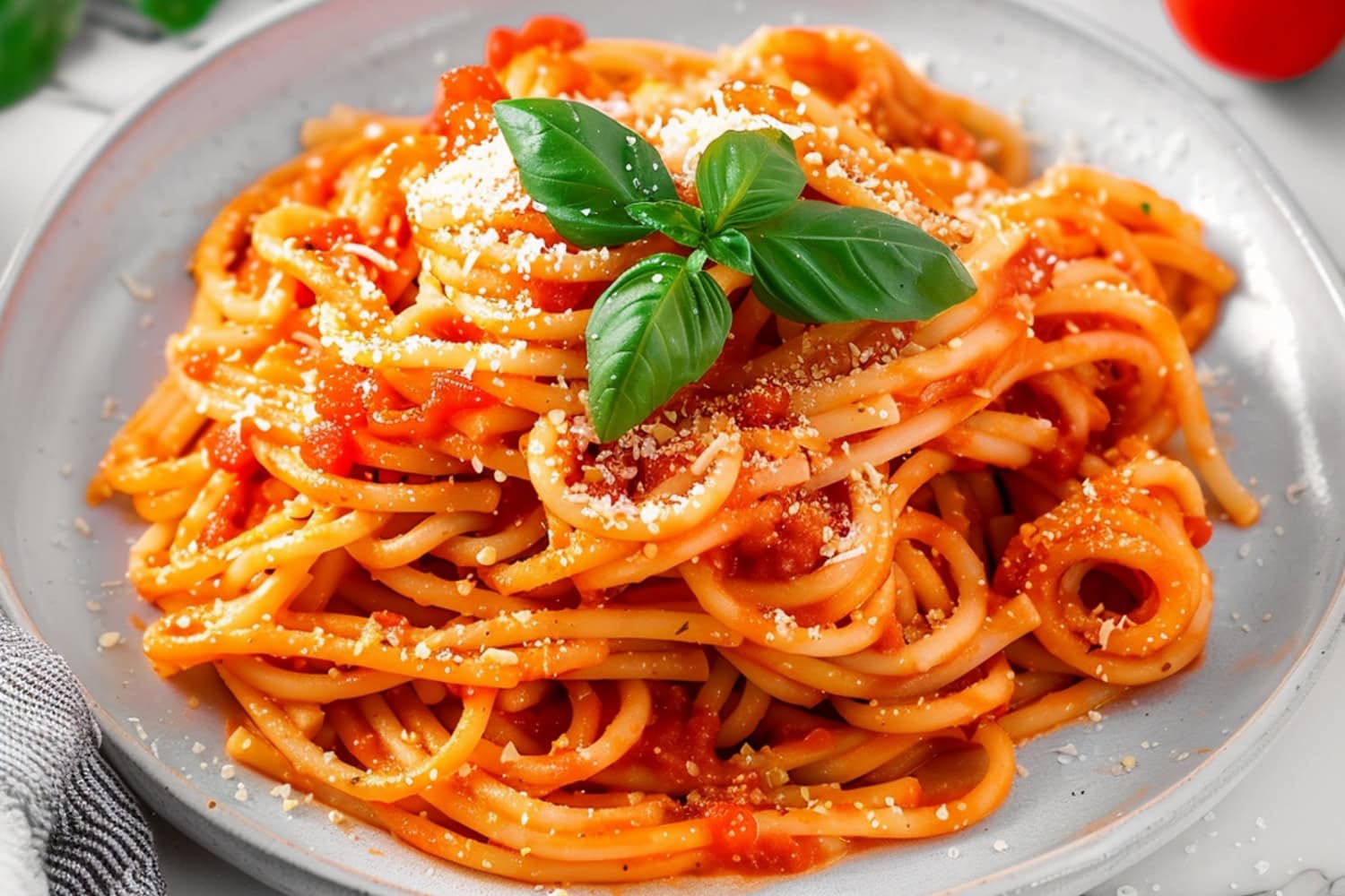 Simple and delicious homemade pasta pomodoro in a white plate with basil and parmesan.