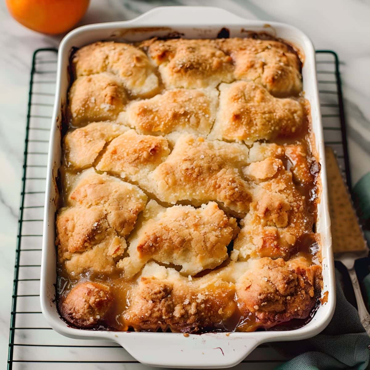 Top View of Patti Labelle's Peach Cobbler Baked in a Casserole Dish, Cooling on a Wire Rack on a White Marble Table