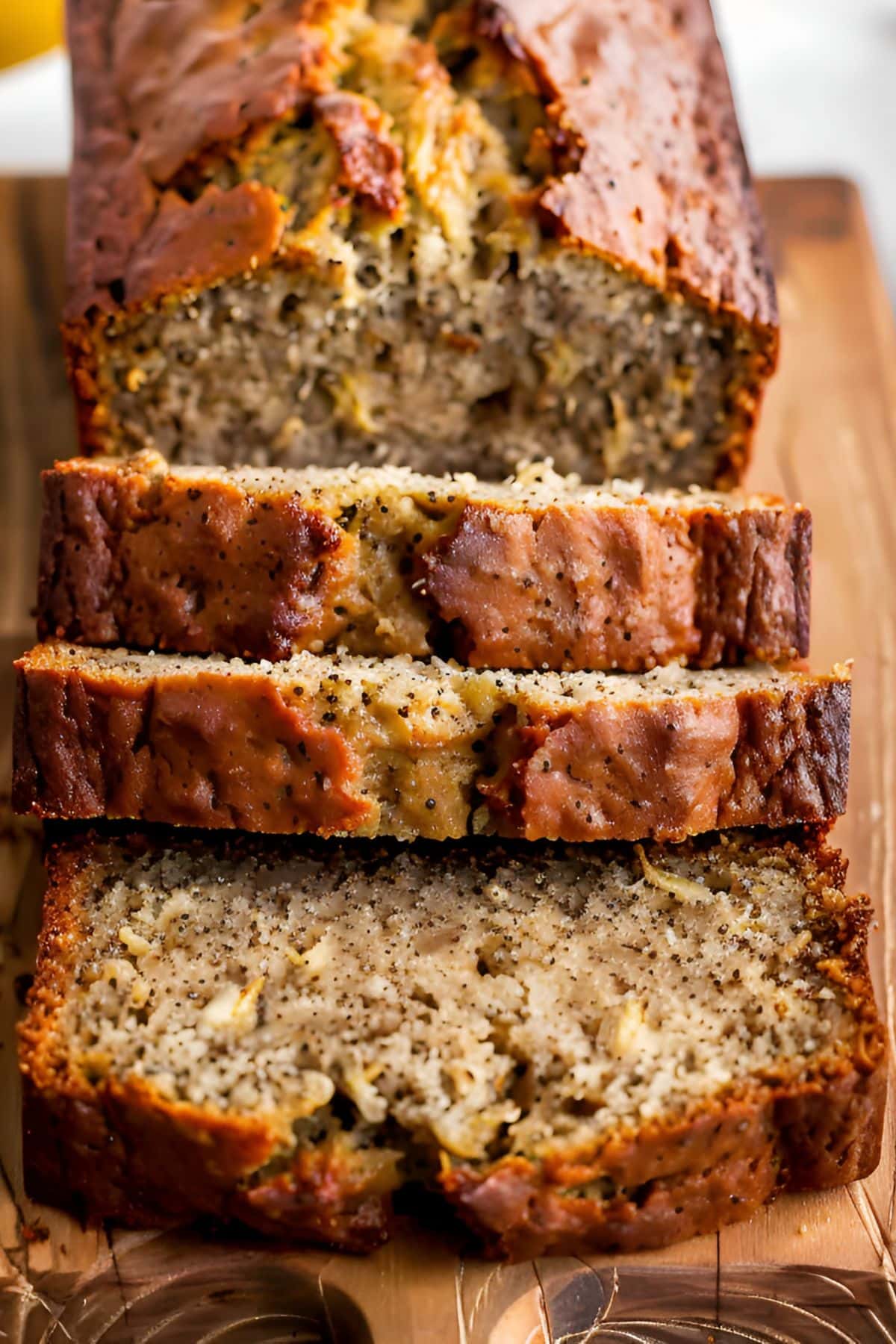 Close Up of a Loaf of Paula Deen Banana Bread, Sliced on a Wooden Cutting Board