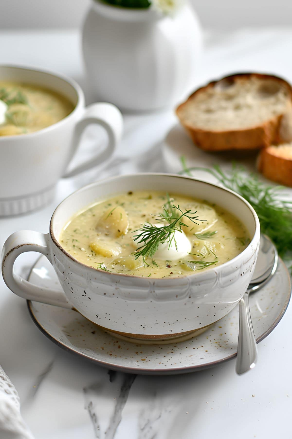 Polish Dill Pickle Soup with Fresh Dill and Sour Cream in a Ceramic Bowl with with a Handle and a Spoon and Crusty Bread and Fresh Dill in the Background