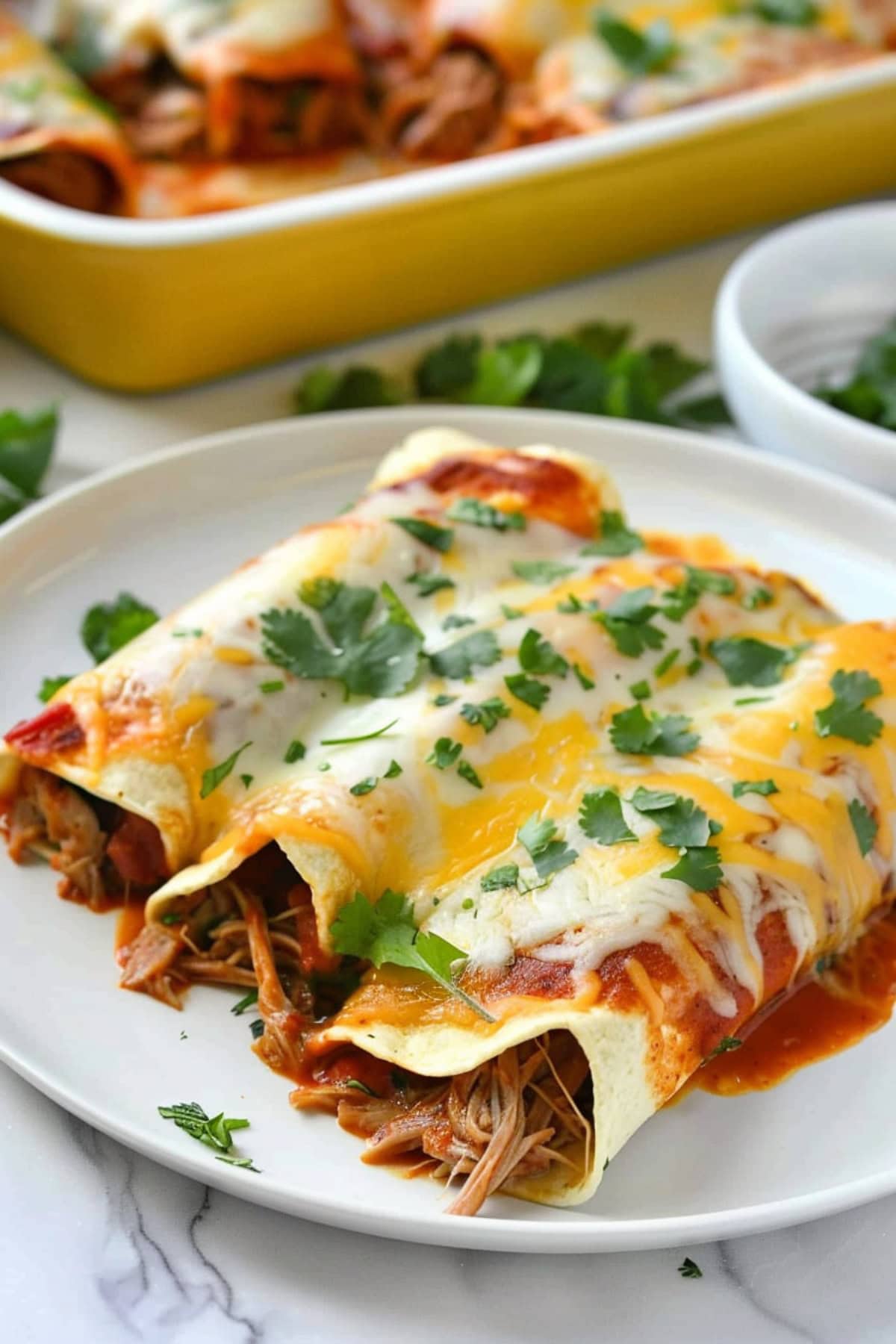 Serving of pulled pork enchiladas with sauce and melted cheese.