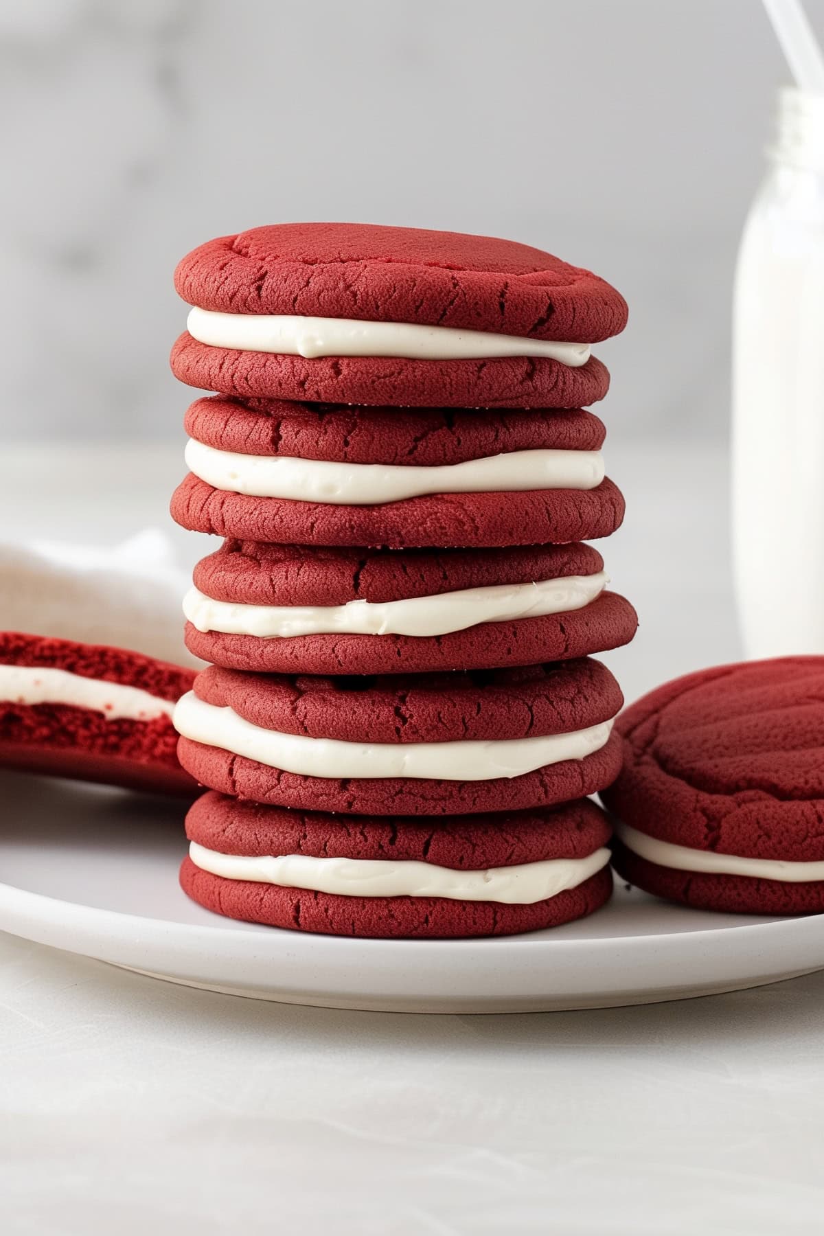 Stacked red velvet sandwich cookies on a white plate served with milk.