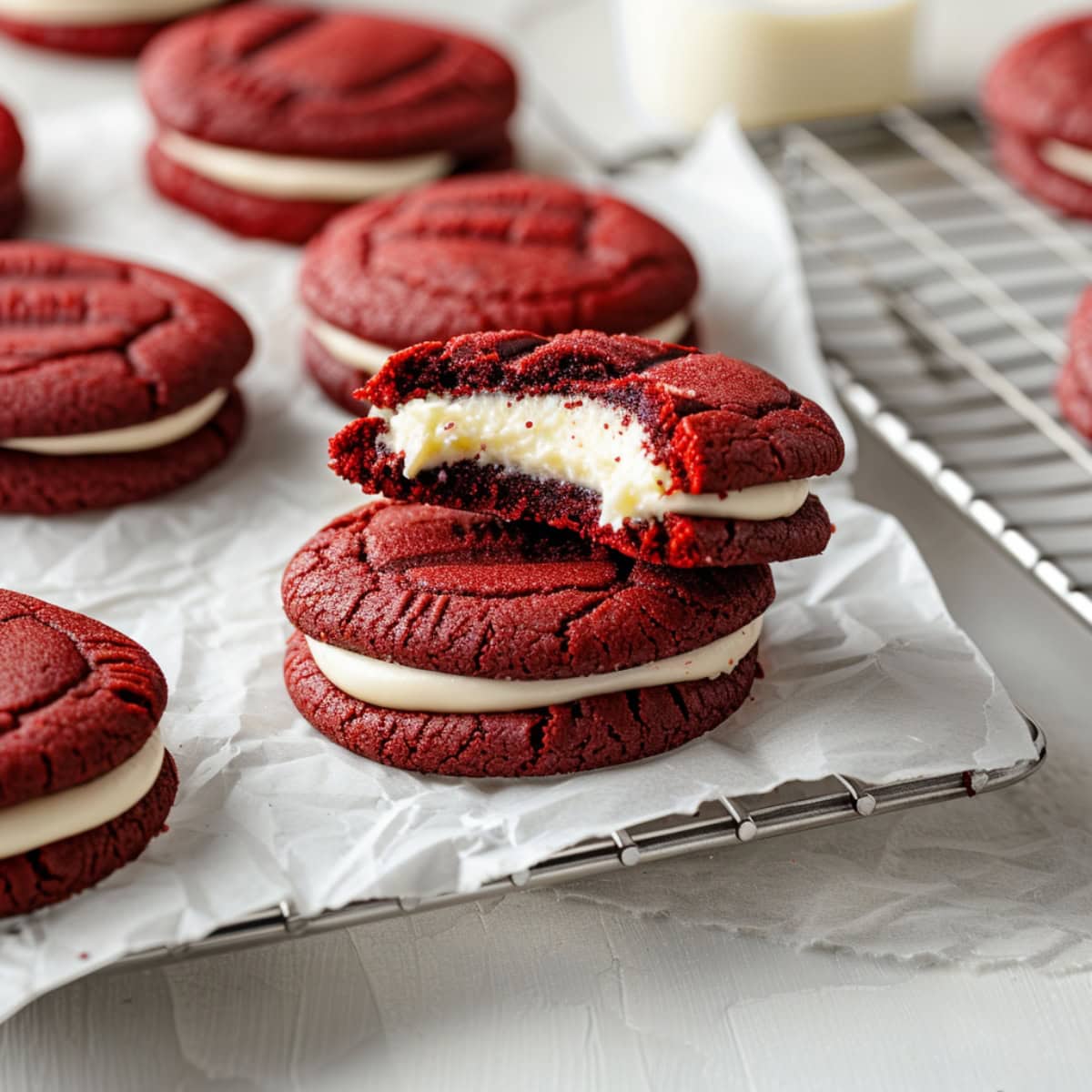 Irresistible red velvet sandwich cookies with cream cheese frosting in the middle on a parchment-lined wired rack. One cookie has a bite removed.