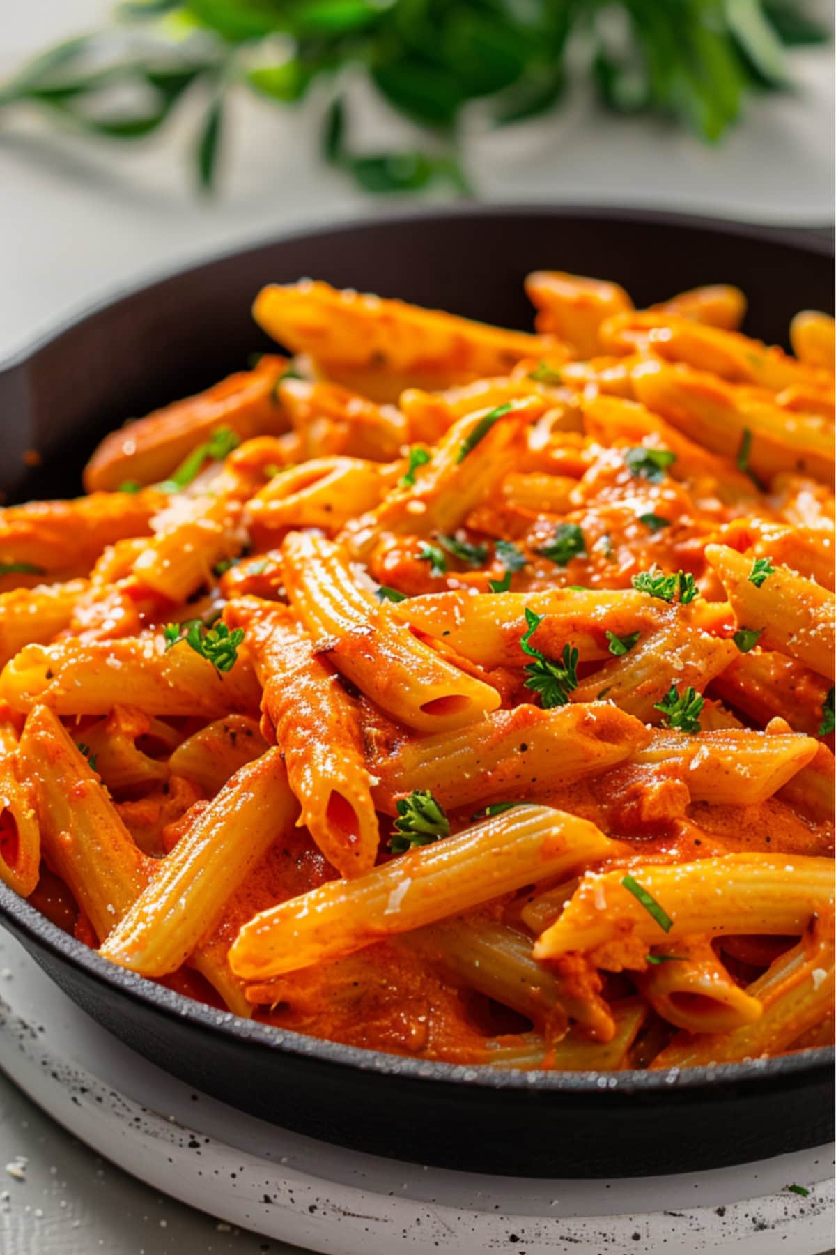Roasted red pepper pasta tossed in cast iron skillet pan.