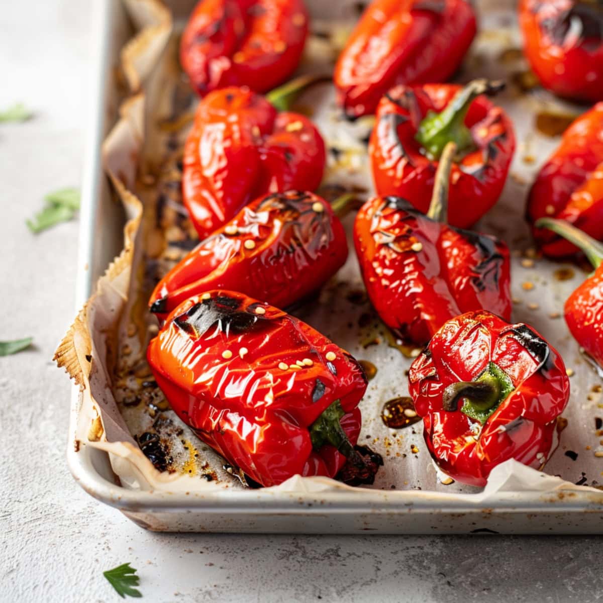 Roasted red peppers in a baking sheet.
