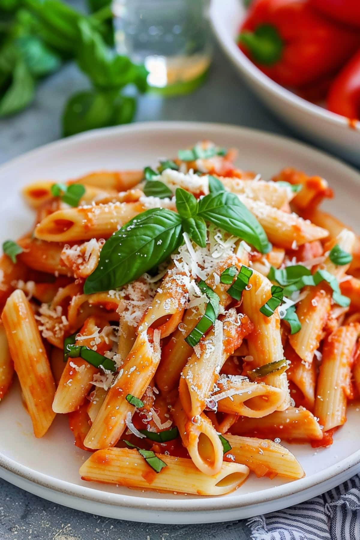 Serving of penne pasta with pureed roasted red peppers served on a white plate. 