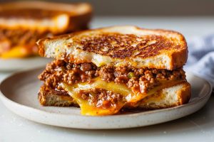 Savory sloppy joe grilled cheese, featuring a blend of ground beef, melted cheddar, and toasted bread.