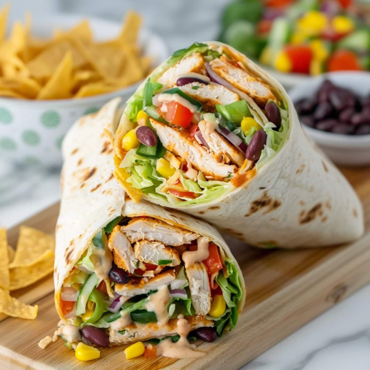 Southwest chicken wrap slice in half in a wooden cutting board.