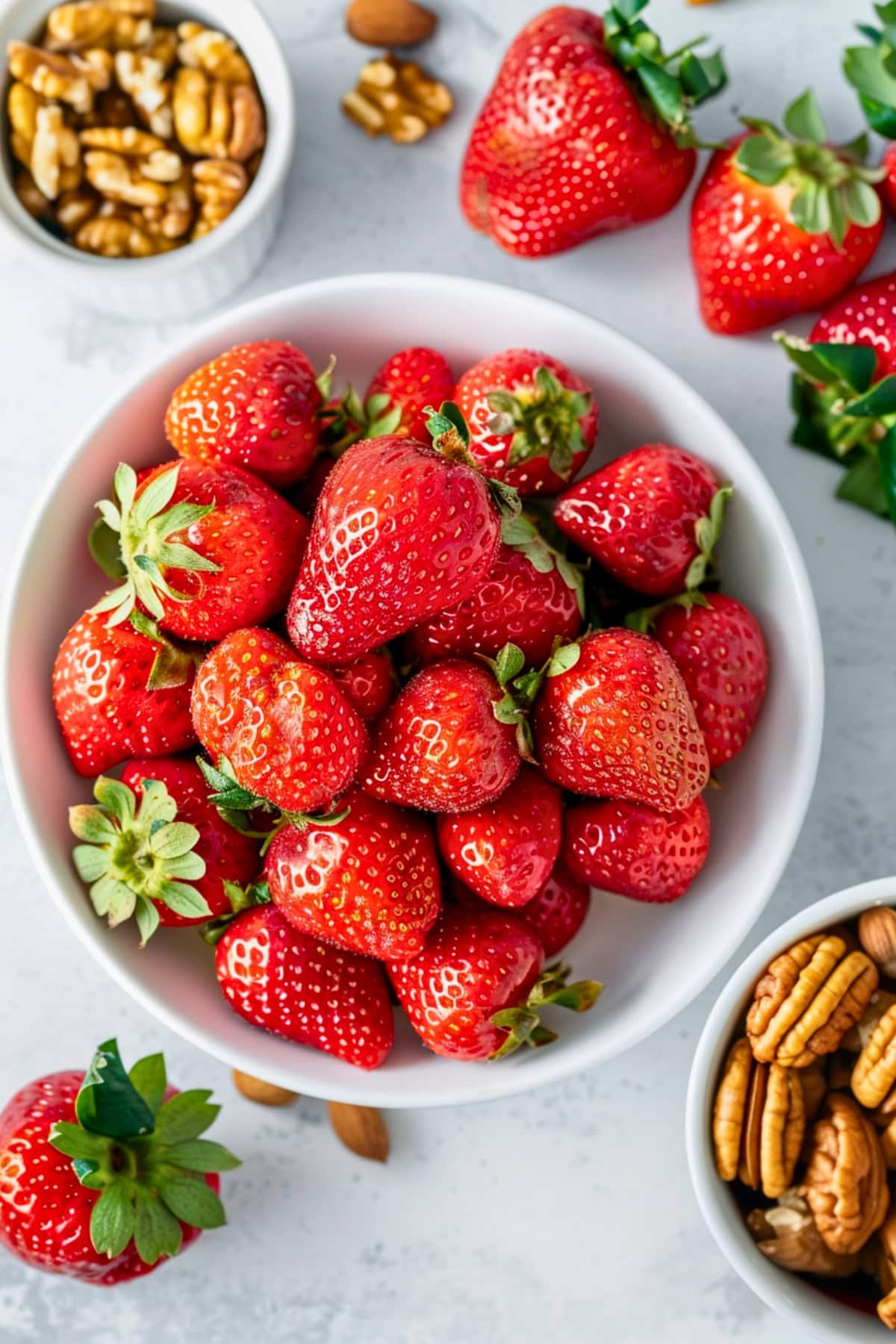 Fresh strawberries and walnuts in a white bowl.