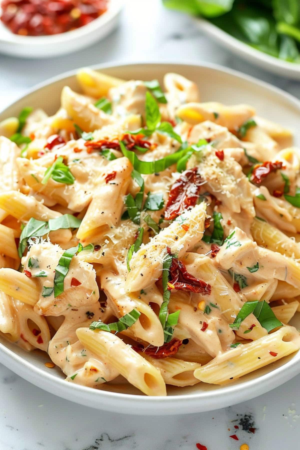 Sun-dried tomatoes mixed with penne pasta and creamy sauce.
