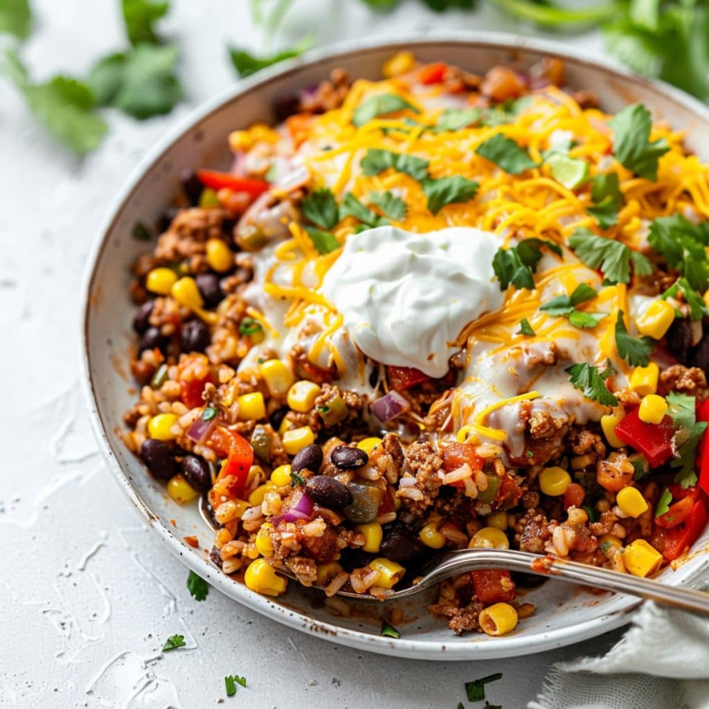 Cheesy taco skillet served in a plate garnished with cream. 