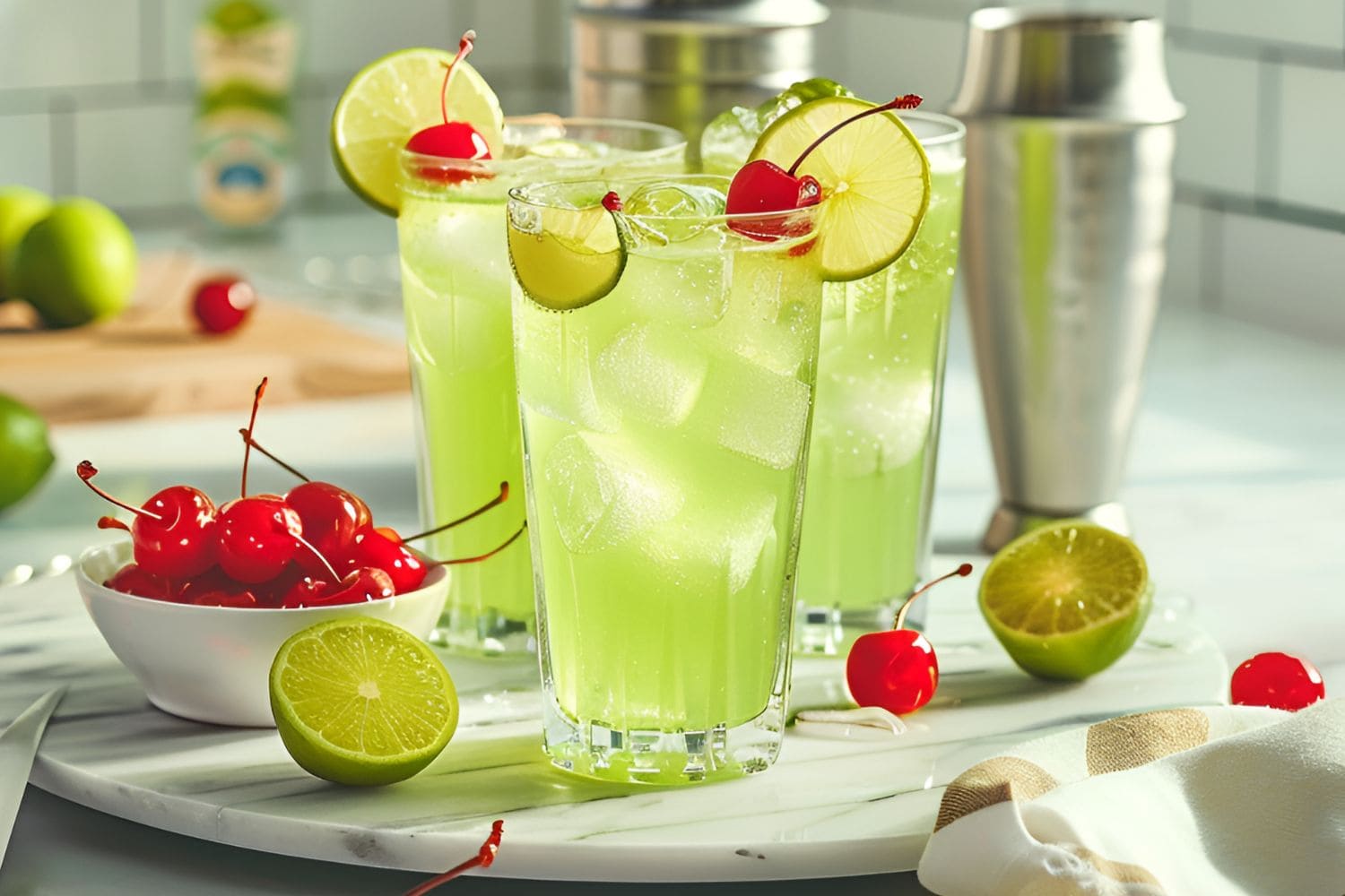 Three Tall Glasses of Bright Green Tokyo Tea Cocktails with Lime Wheels and Cherries and a Cocktail Shaker in the Background with More Cherries and Limes