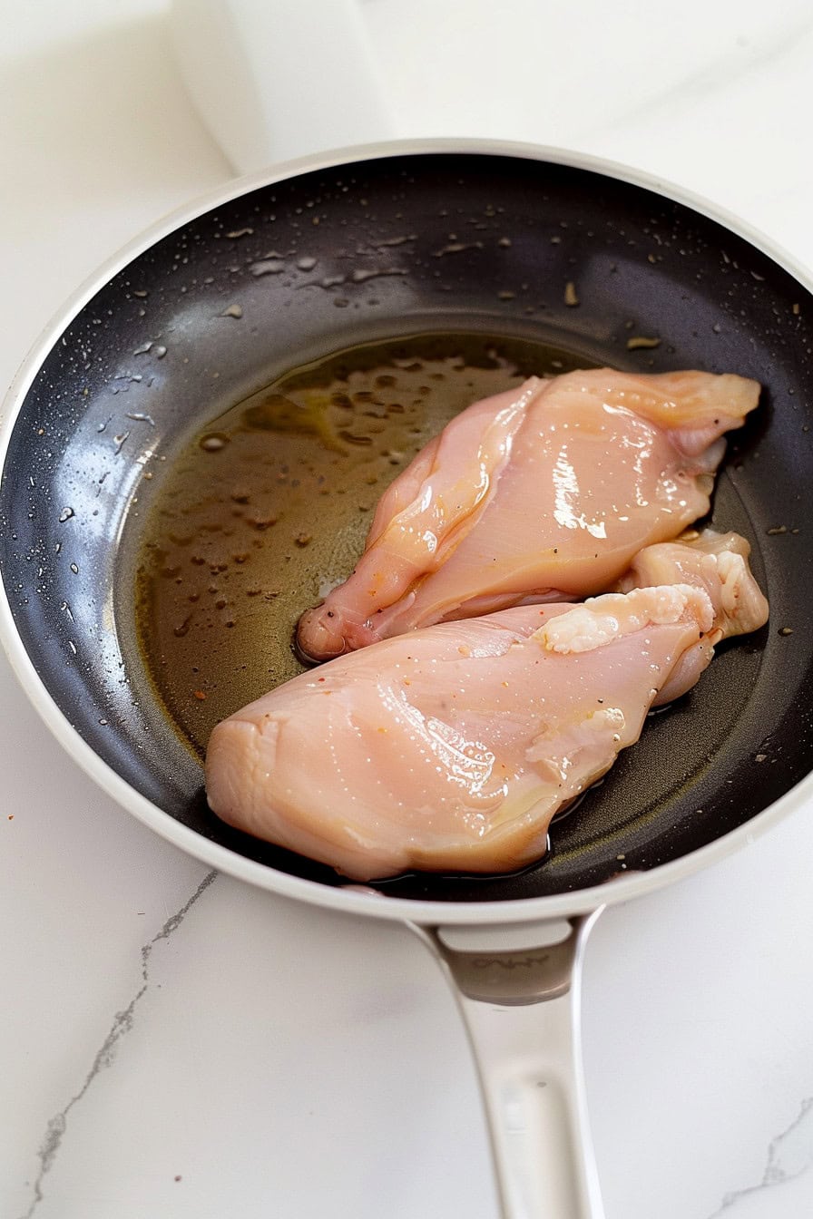 A skillet of two skinless chicken breasts on a white marble table.