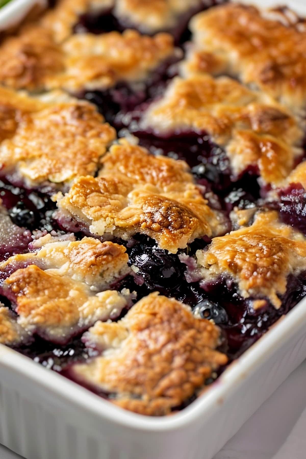 Close-up shot of blueberry cobbler casserole.